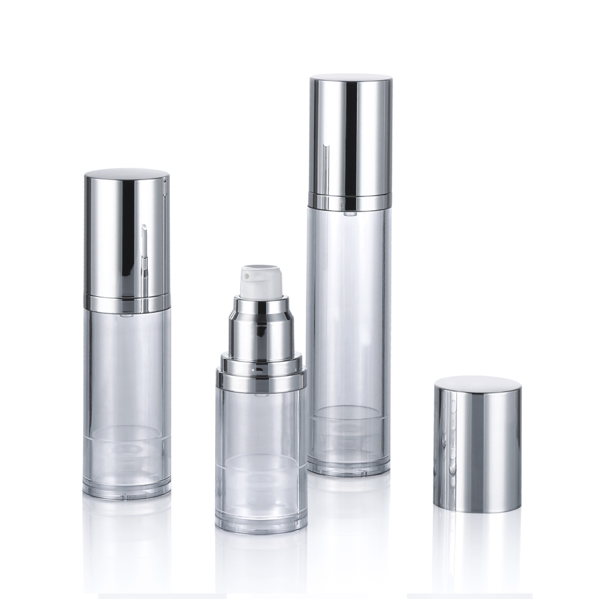 15 ml 30 ml 50 ml Anpassad glänsande/matt silver kosmetisk hudvård luftlös pumpflaska L04-1