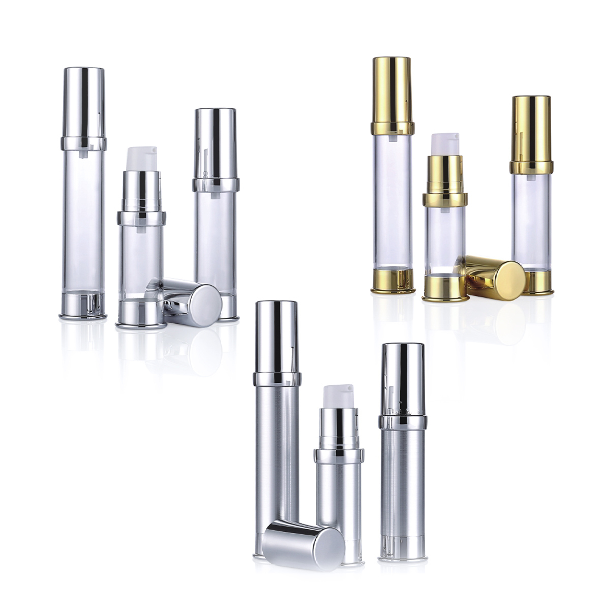 15 ml 20 ml 30 ml guld silver plast liten lotion luftlös pumpflaska för prov L09