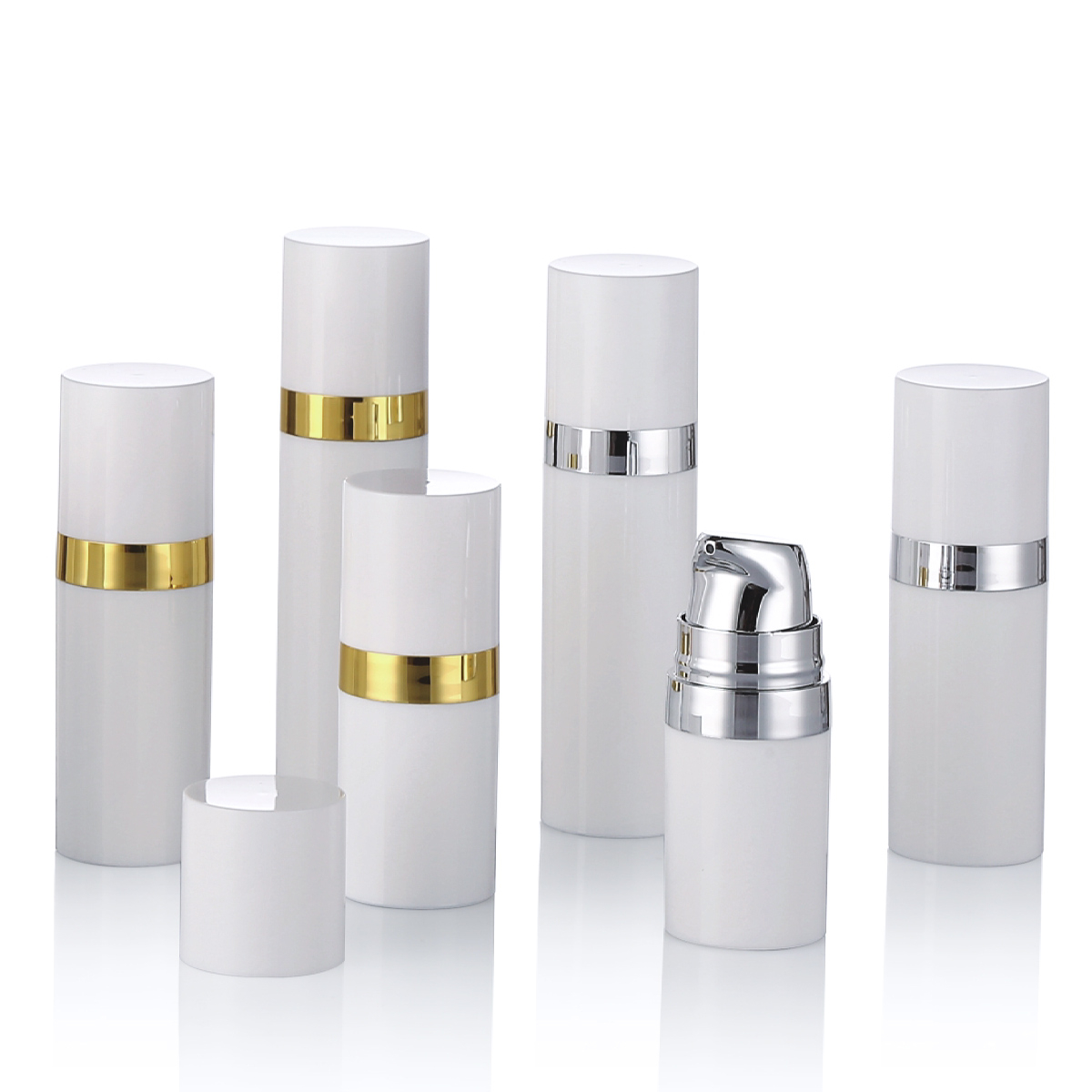 15 ml 30 ml 50 ml vit luftlös pumpflaska med guldlinje cap pp luftlös kosmetisk flaska för lotion grädde L15
