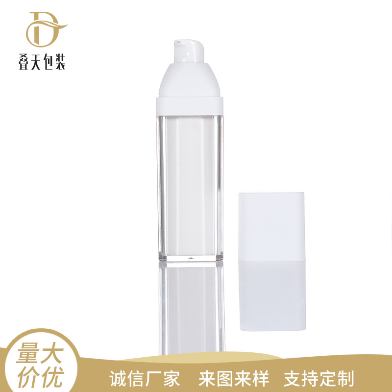 Vit fyrkantig vakuumlotionflaska 15/50 ml dubbelskikt Rotary Press Essence Cosmetics Subpackage Vakuumflaska